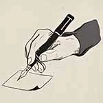 בתמונה רואים יד אוחזת בעט נובע וכותבת כתיבה שיווקית על נייר
